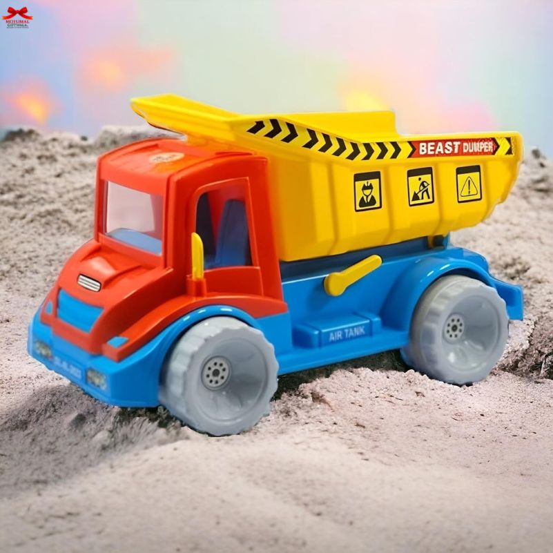 Toy dump truck with 'Beast Dump' branding on a sandy background