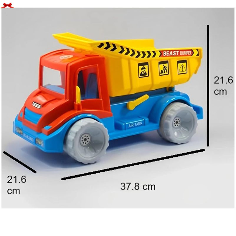 Toy dump truck with measurements on a gray background