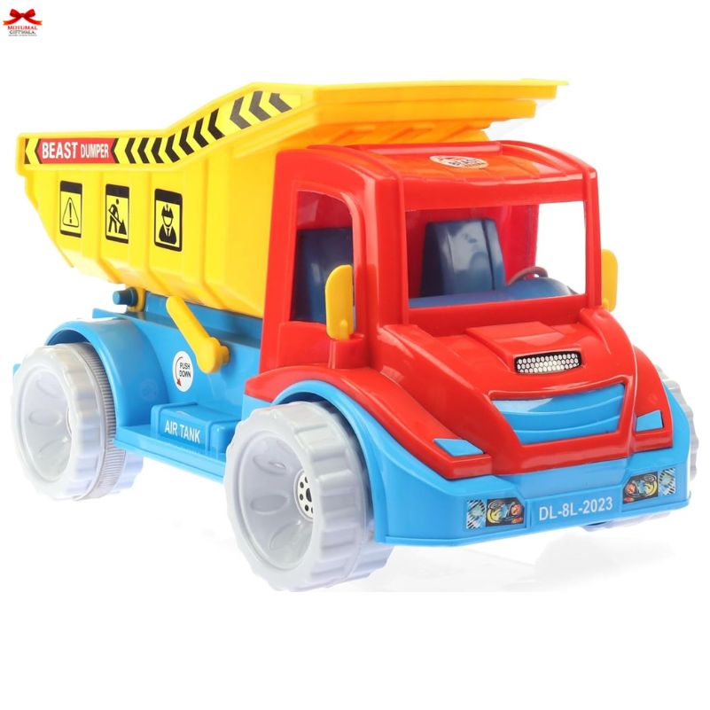 Toy dump truck with red, yellow, and blue colors on a white background