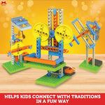 Colorful mechanical model kit with gears on a wooden surface and yellow background