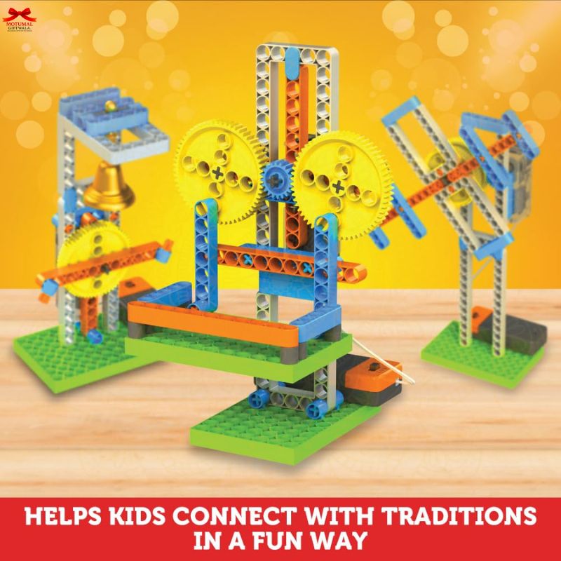Colorful mechanical model kit with gears on a wooden surface and yellow background