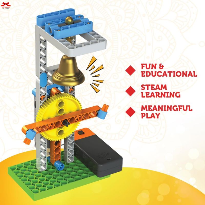 Educational toy set with gears and a bell on a white background