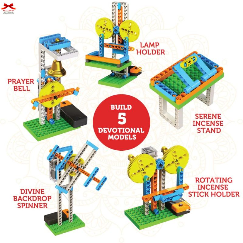 Set of colorful building blocks with labeled components on a white background