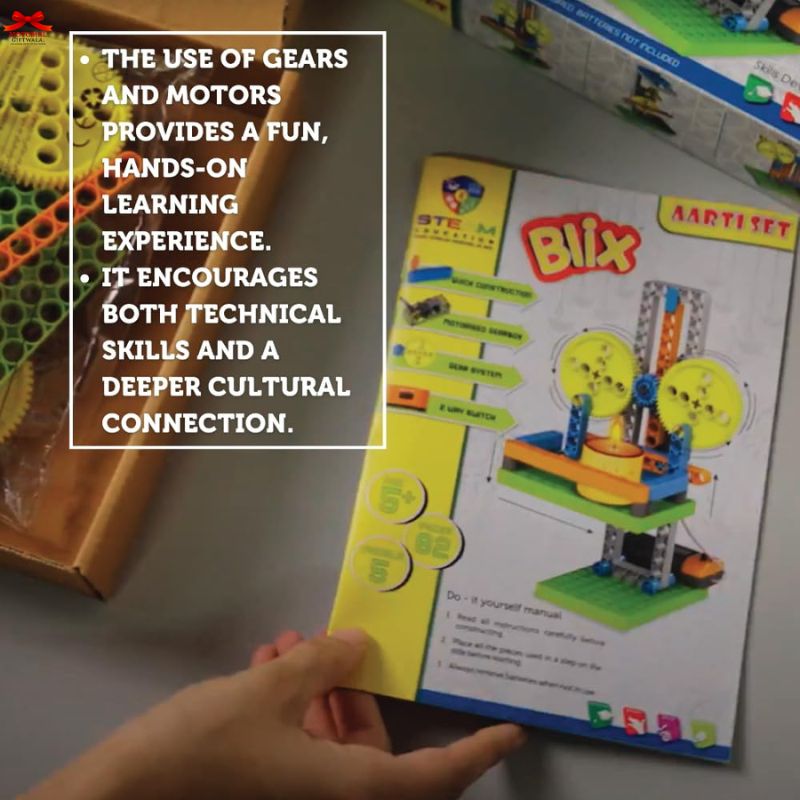 Blix toy set packaging with text about learning experience