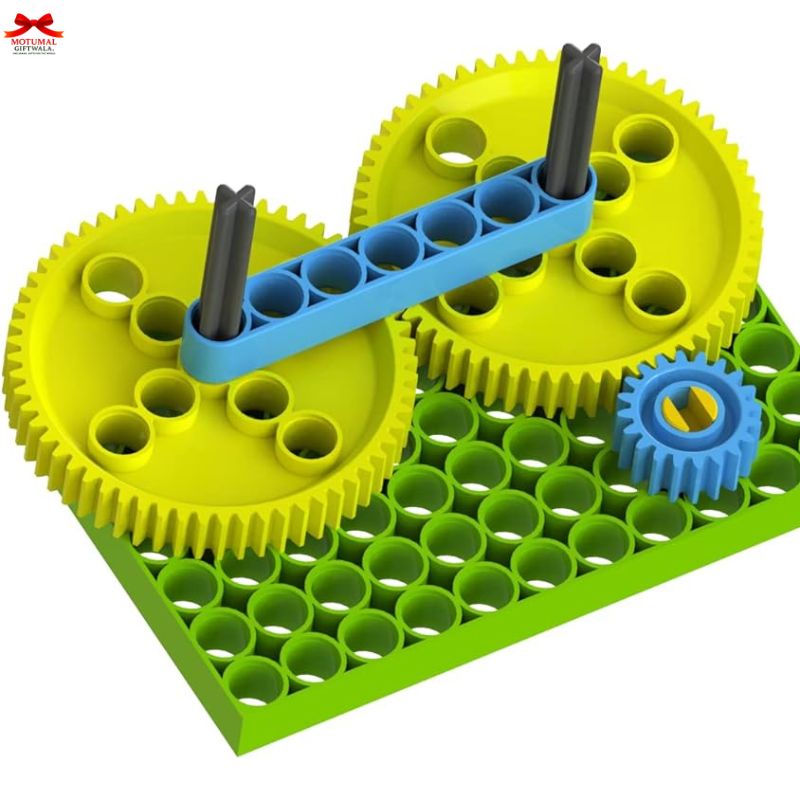 Toy construction set with gears on a green baseplate, featuring a brand logo in the corner.