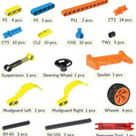 Collection of various car model parts with quantities on a white background