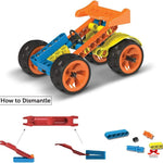 Toy vehicle set with dismantled pieces on a white background