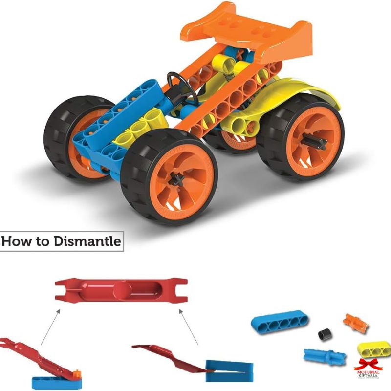Toy vehicle set with dismantled pieces on a white background