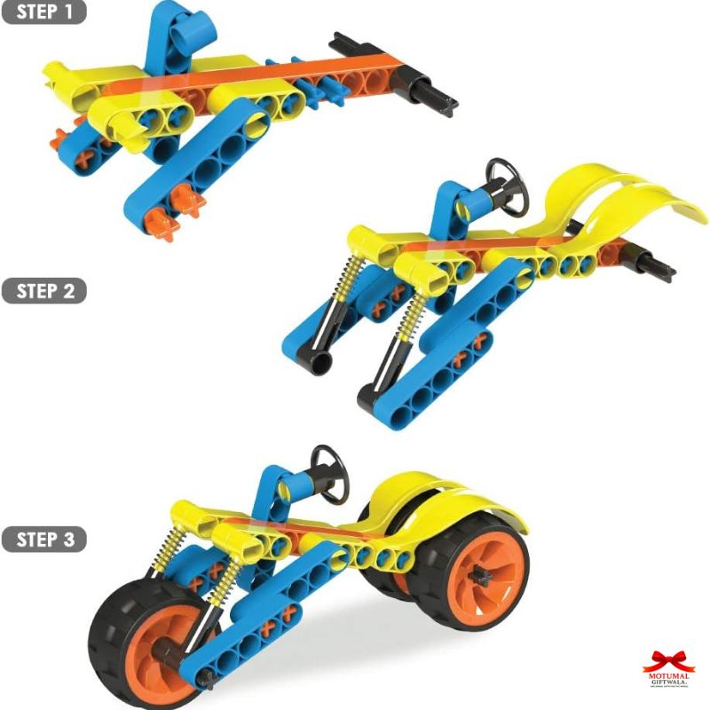 Step-by-step assembly of a toy vehicle model with colorful components on a white background.