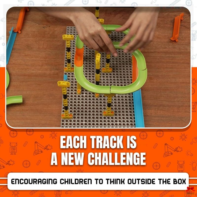 Children's toy track set on a wooden surface with text encouraging creativity.