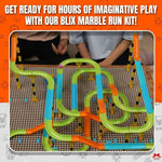 Colorful marble run kit with text promoting imaginative play