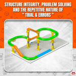 Colorful marble run track on a white background with text about structure integrity and problem-solving.