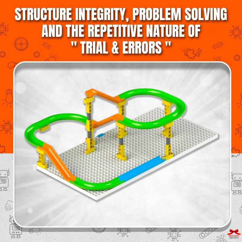 Colorful marble run track on a white background with text about structure integrity and problem-solving.