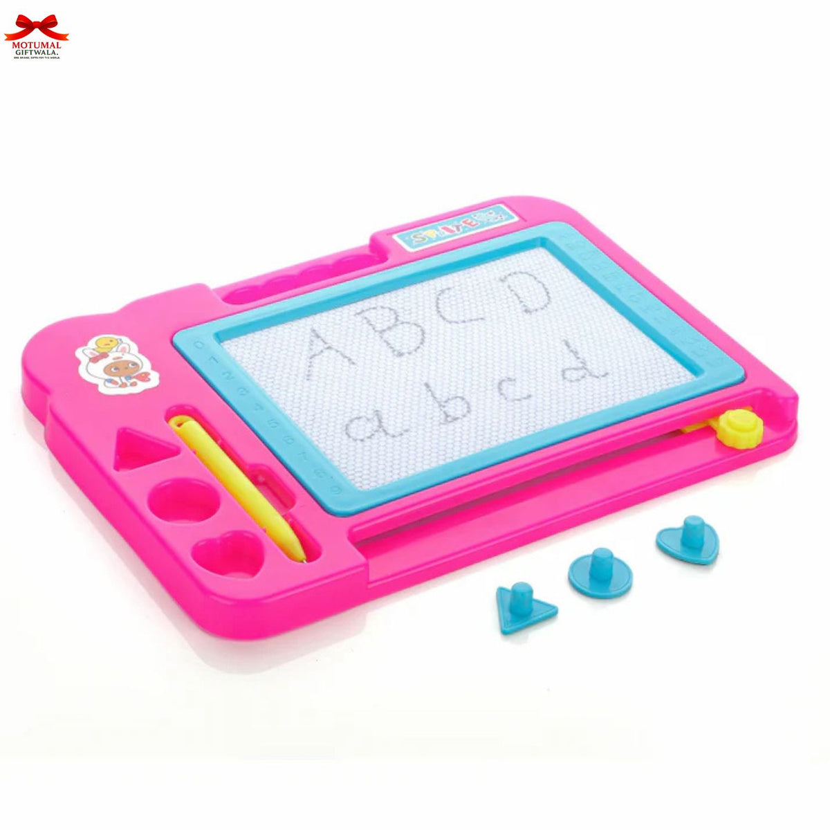 Pink and blue drawing board with writing on a white background