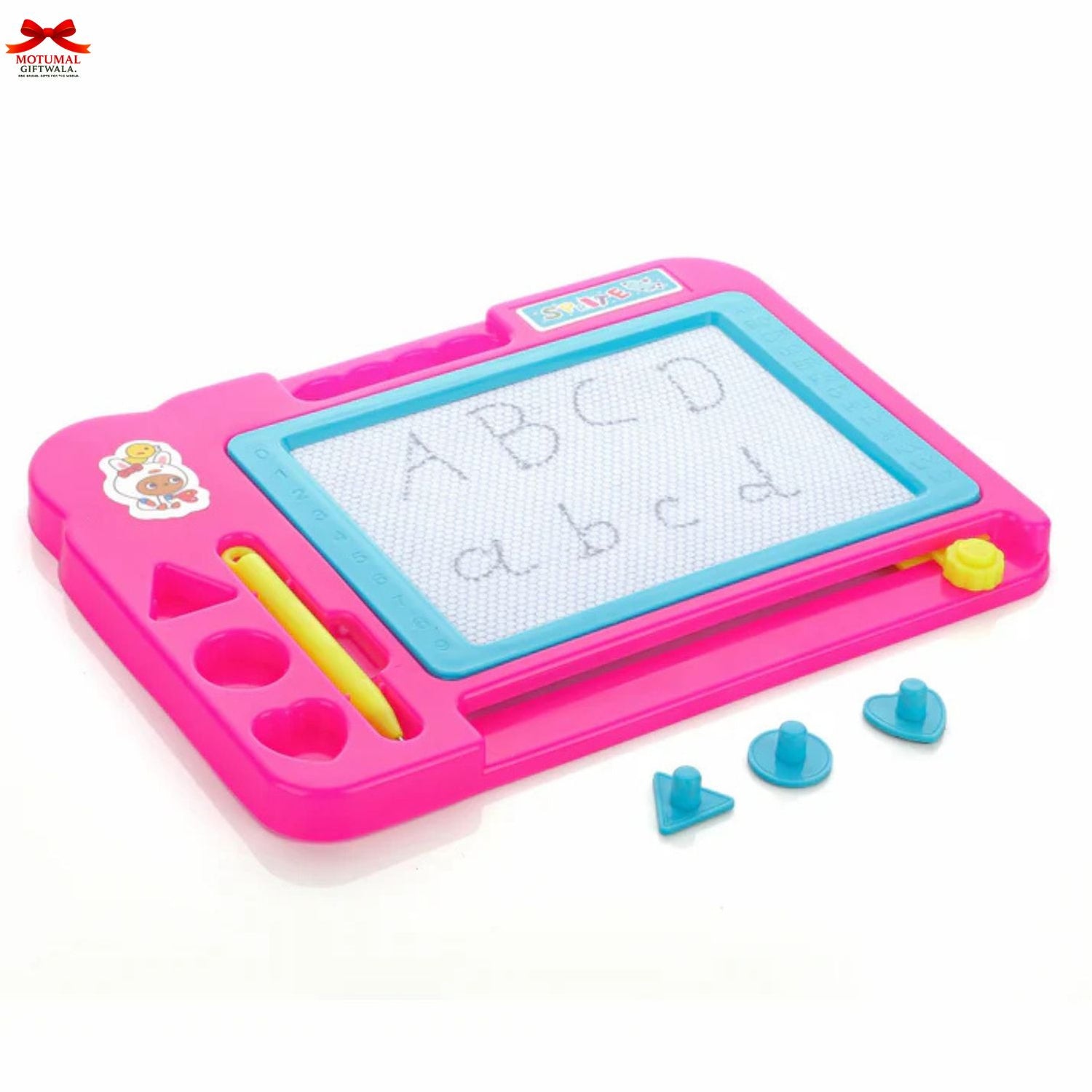 Pink and blue drawing board with writing on a white background