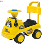 Yellow toy bulldozer with a handle on a white background