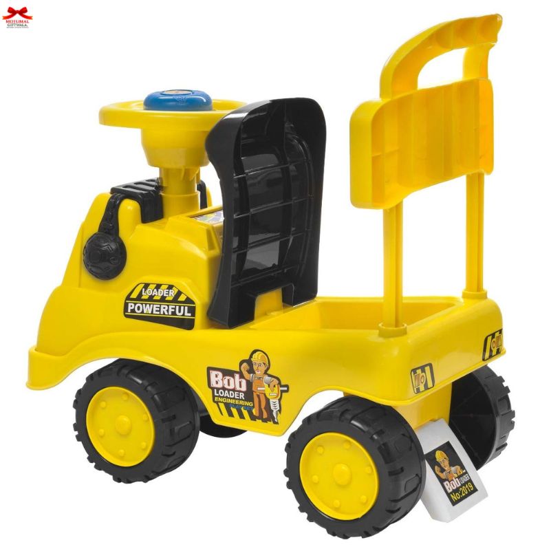 Yellow toy bulldozer with black accents on a white background