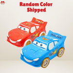 Two toy cars, one red and one blue, on a beige background with text indicating random color shipment.