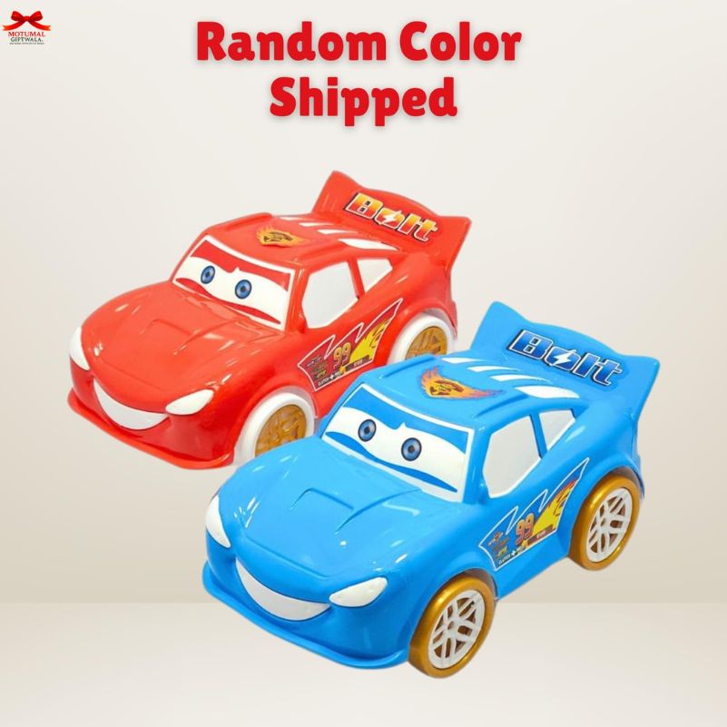 Two toy cars, one red and one blue, on a beige background with text indicating random color shipment.