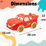 Toy car with dimensions labeled on a colorful background