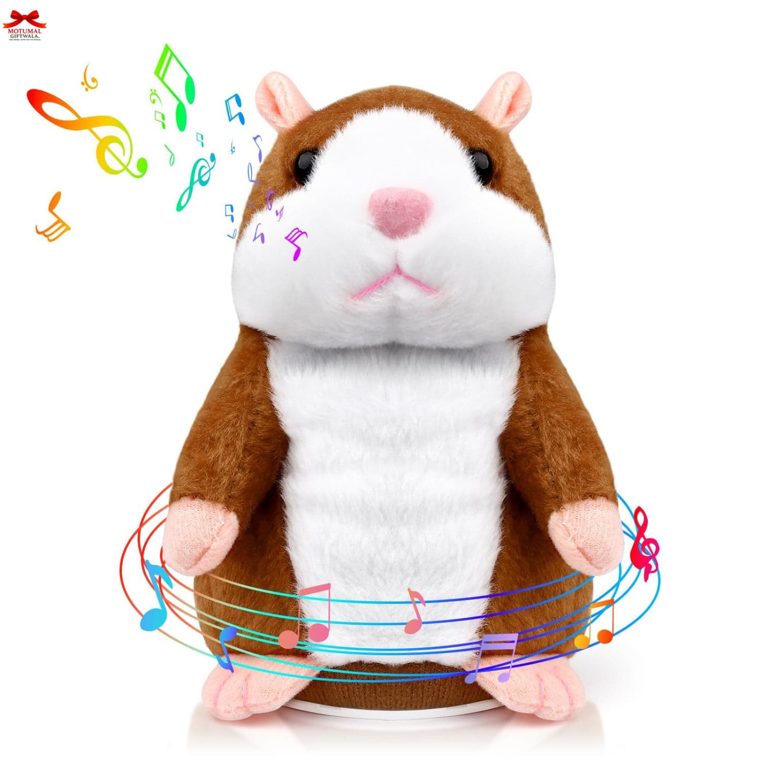Plush toy resembling a hamster with musical notes around it on a white background