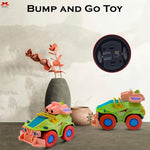 Two colorful toy cars with a 'Bump and Go Toy' label on a neutral background.