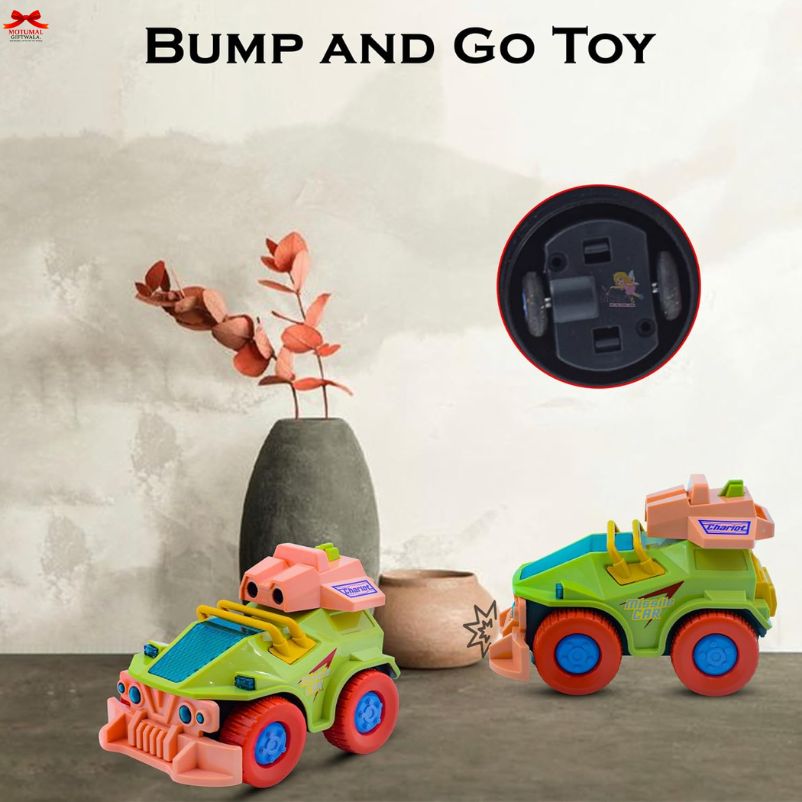 Two colorful toy cars with a 'Bump and Go Toy' label on a neutral background.