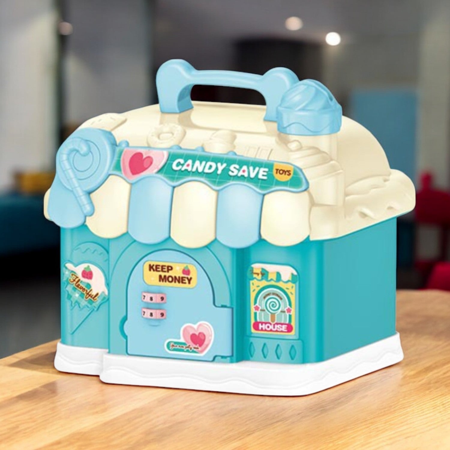 Blue candy shop money bank with door open showing inside compartment