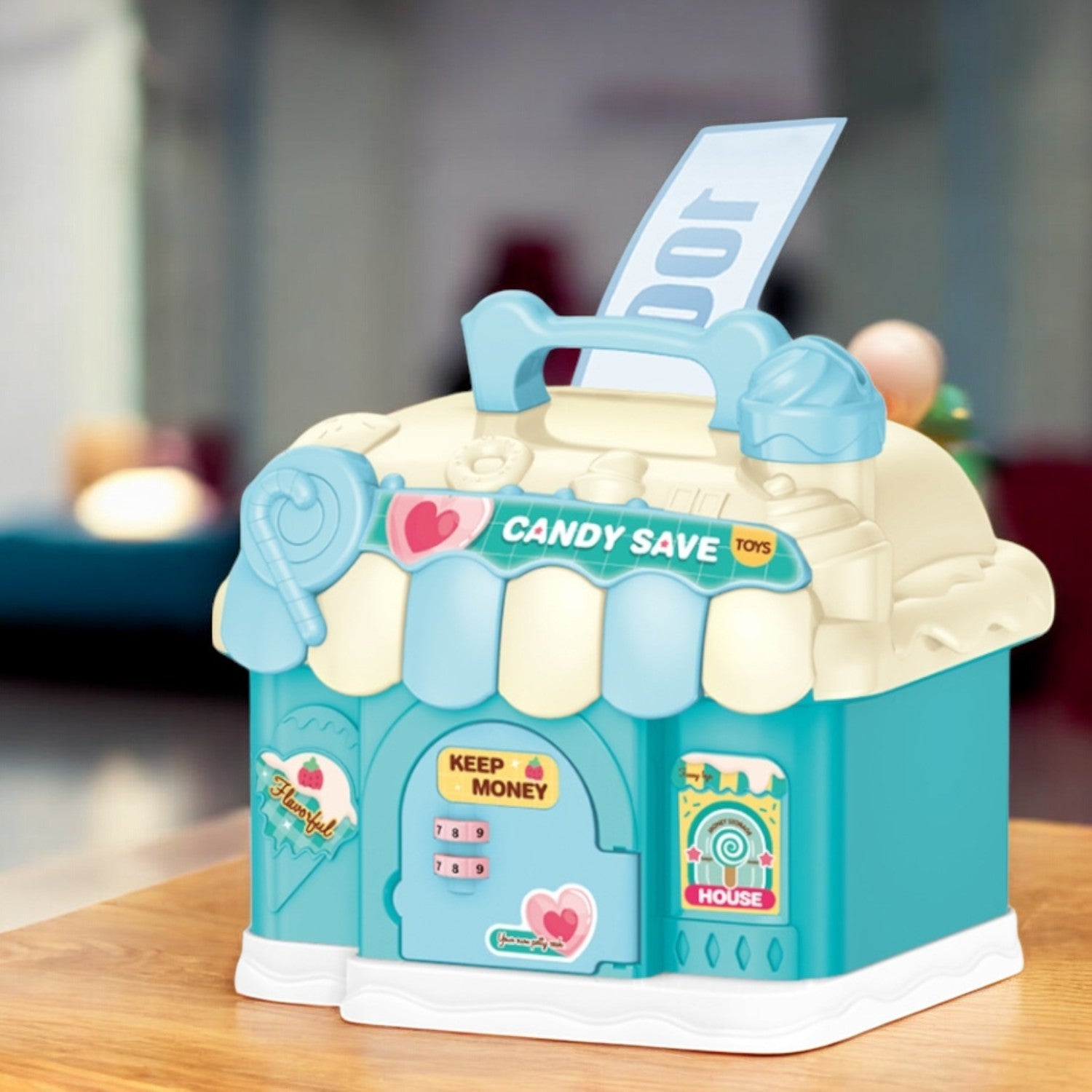 Pink candy shop password money bank with handle and door lock