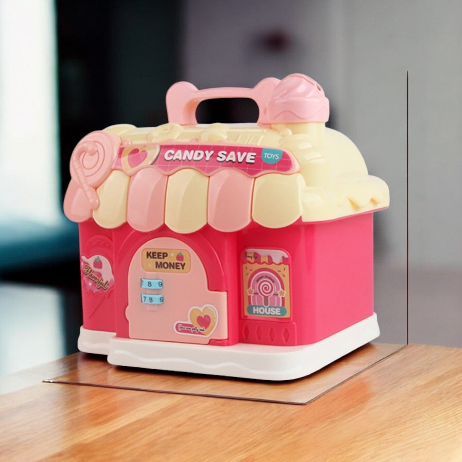 Exquisite cartoon pattern and features of candy shop shaped money bank