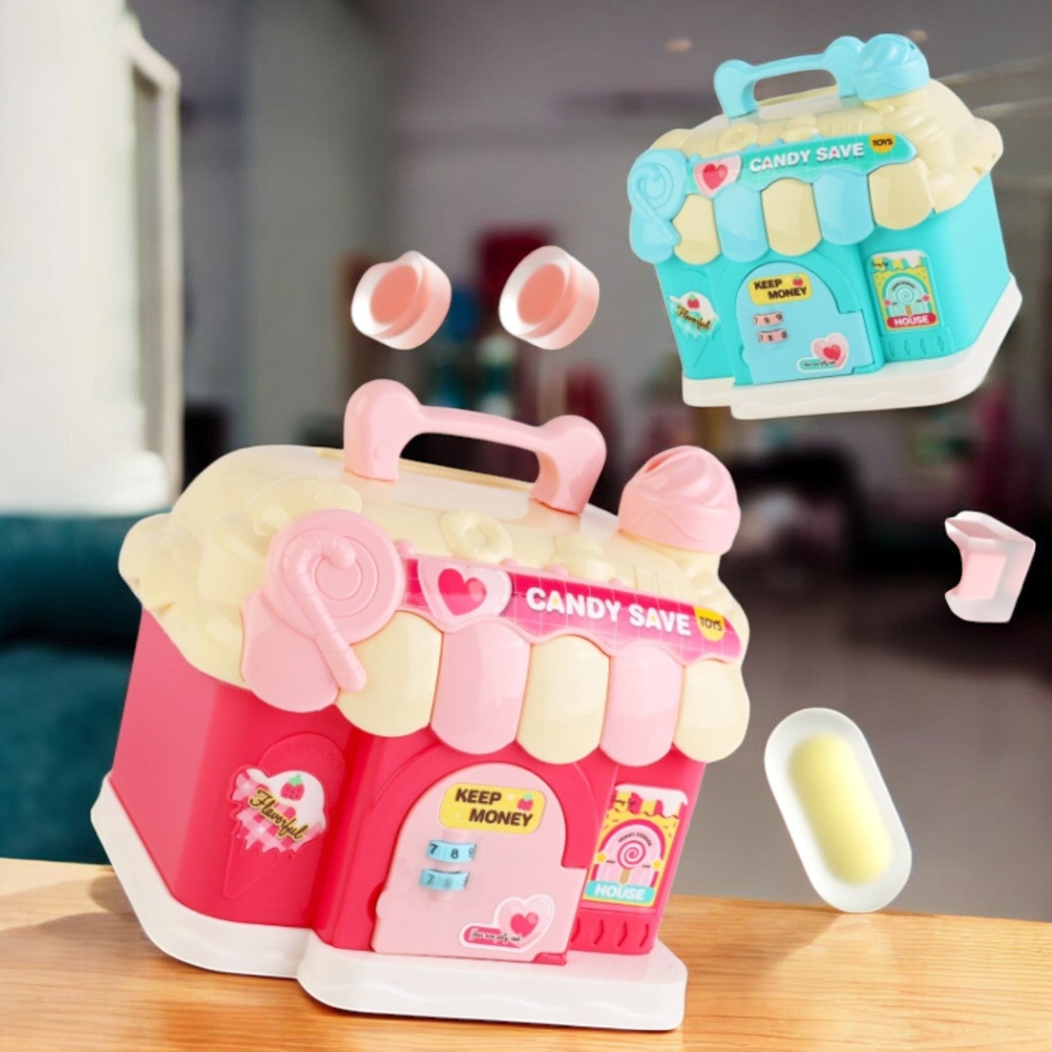  Pink and blue candy shop piggy banks floating in air with accessories