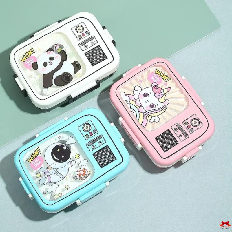 Three cartoon-themed lunch boxes on a light blue background