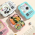 Three colorful bento boxes with panda and robot designs on a beige background.