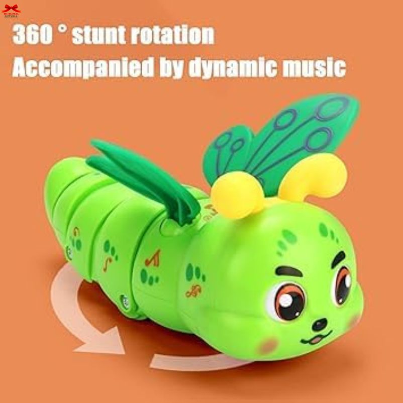 Toy caterpillar with green body, yellow head, and black eyes on an orange background.