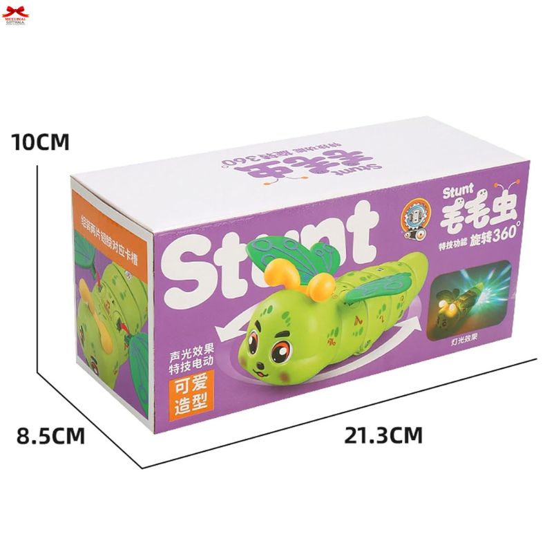 Purple toy box with green toy figure labeled 'Stunt' on a white background