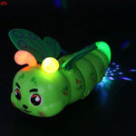 Toy caterpillar with glowing eyes and wings on a dark background