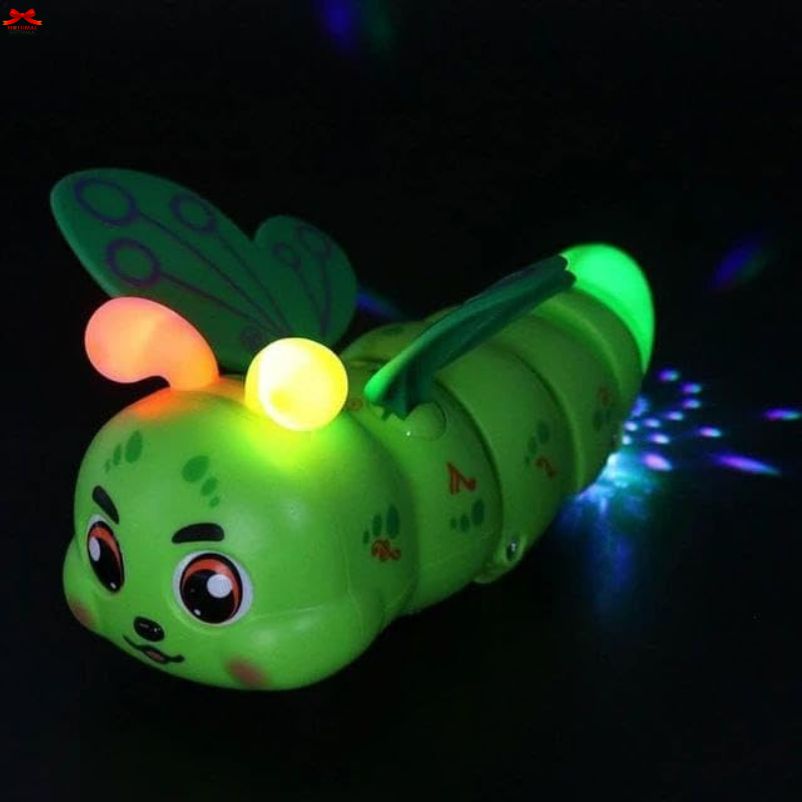 Toy caterpillar with glowing eyes and wings on a dark background