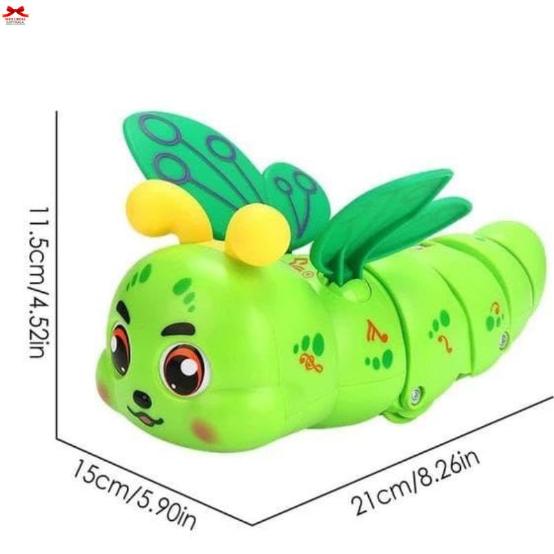 Green toy caterpillar with wings and measurements on a white background
