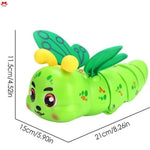 Green toy caterpillar with wings and measurements on a white background