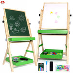 Double-sided children's art easel with green chalkboard and whiteboard, plus accessories.