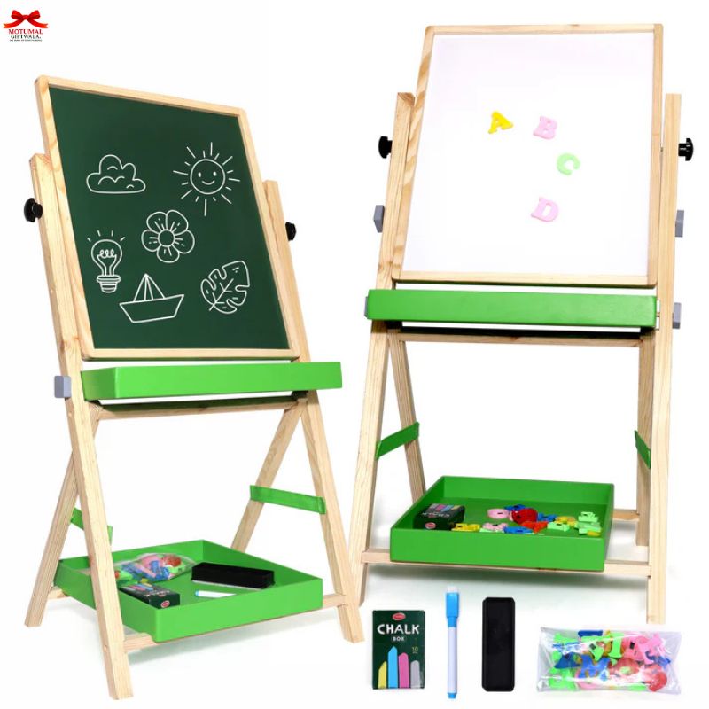 Double-sided children's art easel with green chalkboard and whiteboard, plus accessories.