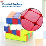 Colorful Rubik's cube with a close-up of its frosted surface on a white background.