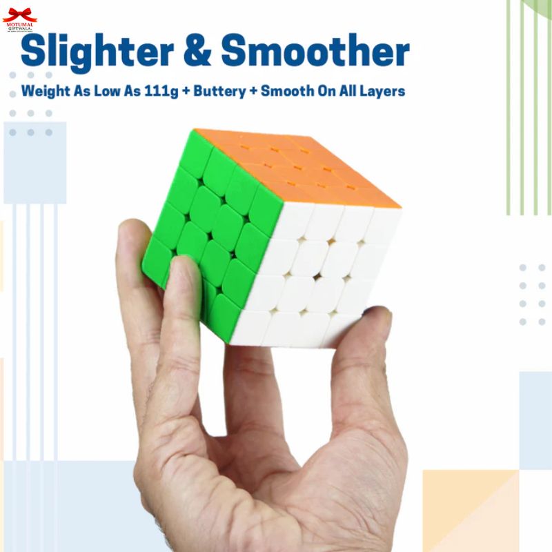 Hand holding a Rubik's Cube with promotional text about weight and smoothness on a light background
