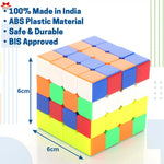 Colorful Rubik's cube with dimensions and certification text on a white background
