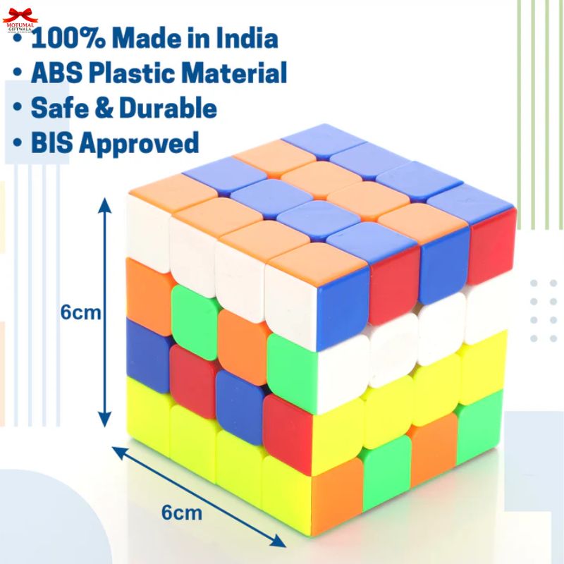 Colorful Rubik's cube with dimensions and certification text on a white background