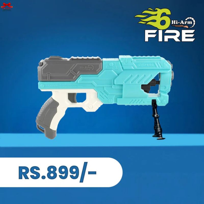 Toy gun with 'Hi-Arm Fire' branding on a blue background