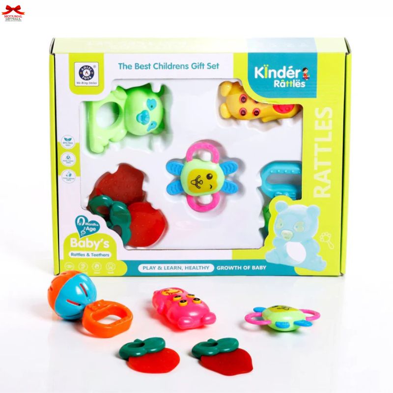 Colorful baby rattle set in a Kinder Rattles packaging on a white background