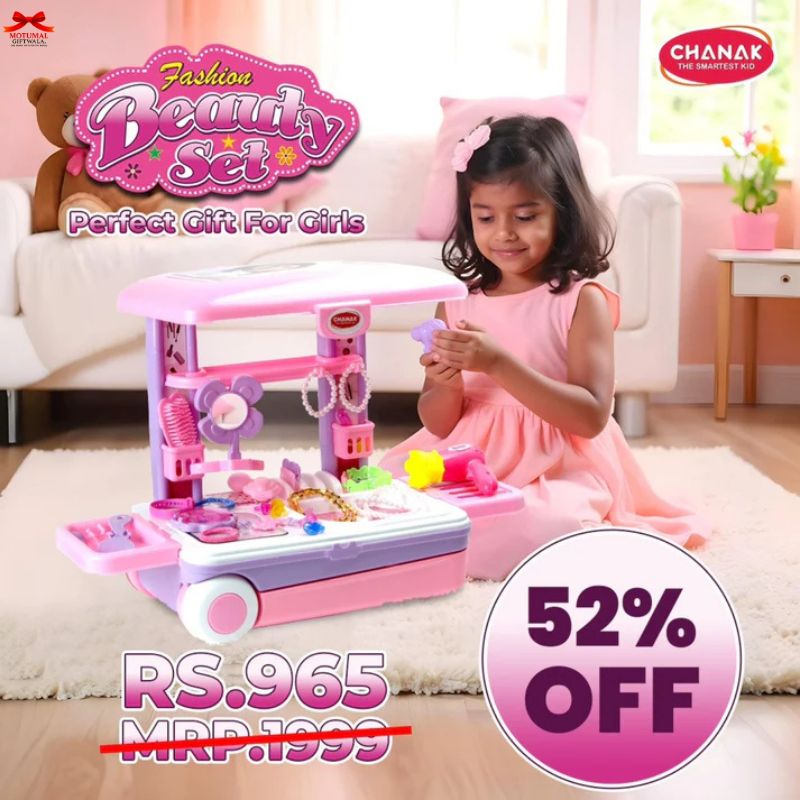 Pink beauty set for girls with a child playing, in a home setting.