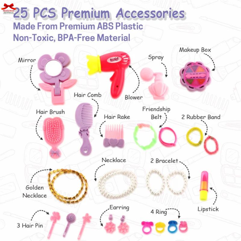 Set of 25 premium accessories including mirror, hairbrush, hair comb, etc., on a white background.