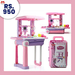 Pink toy beauty set with accessories and packaging on a white background